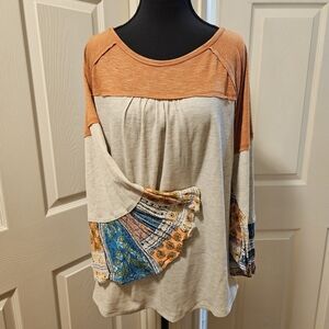 Bohemian Raglan Neckline Flowy Contrast Patterned Sleeve Thermal Bodice Size L